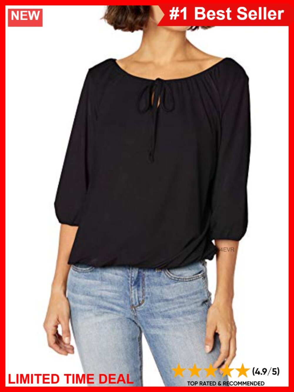 Plus Size Peasant Top 3/4 Sleeve Keyhole Tie Elastic Hem Blouse